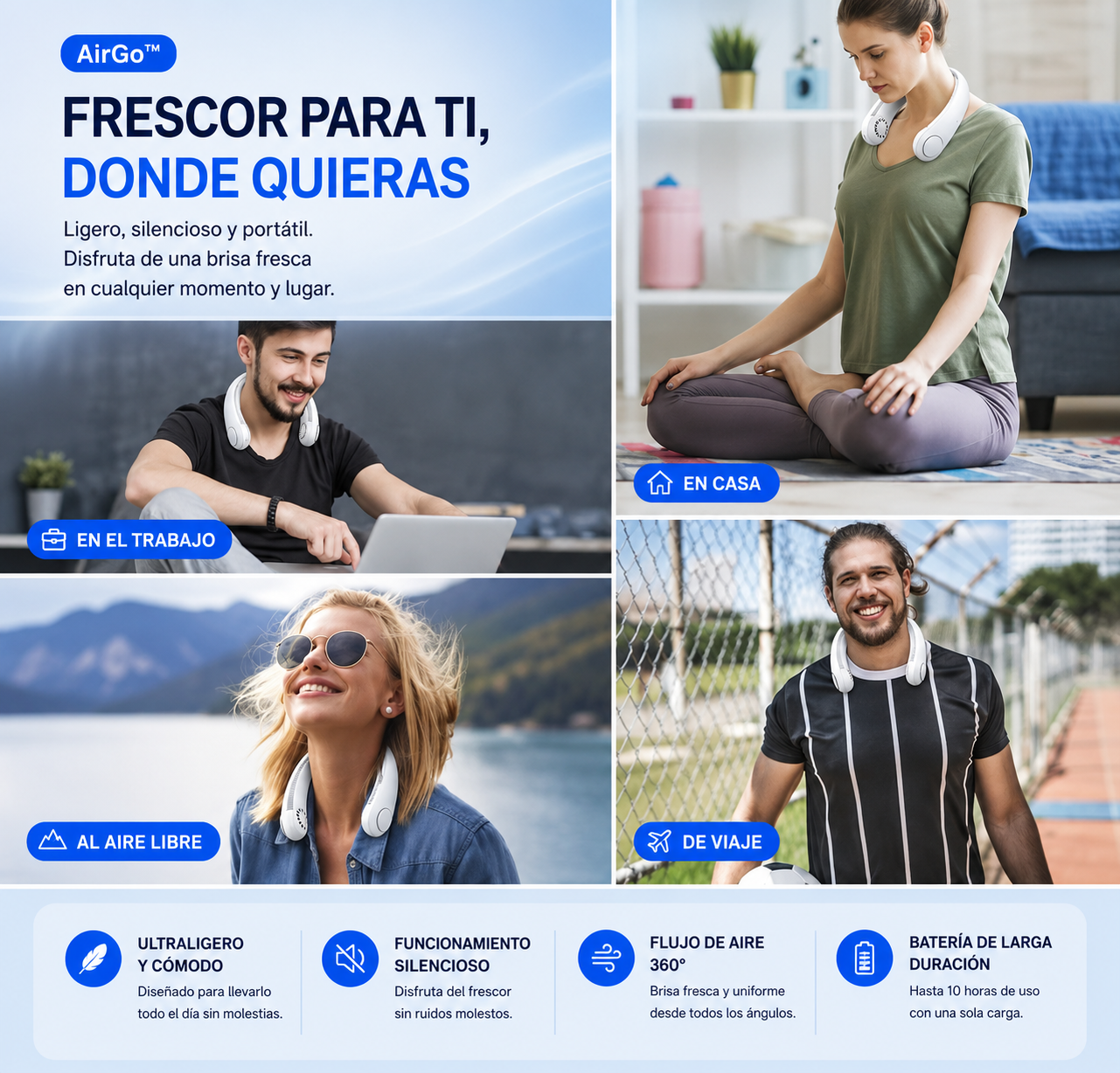 AirGo™ | Ventilador de Cuello Portátil — Aire Fresco 24h Sin Cables