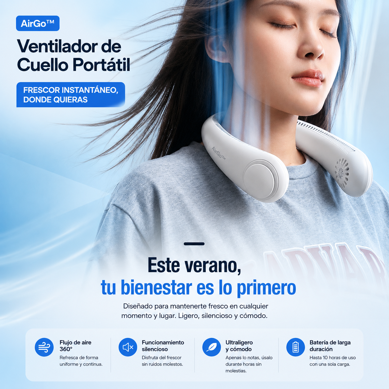 AirGo™ | Ventilador de Cuello Portátil — Aire Fresco 24h Sin Cables