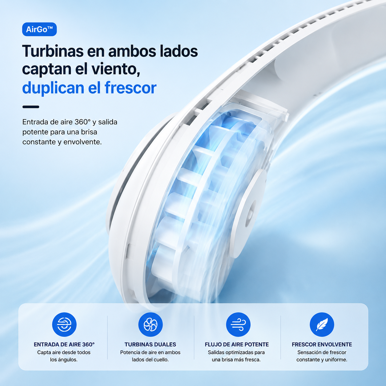 AirGo™ | Ventilador de Cuello Portátil — Aire Fresco 24h Sin Cables